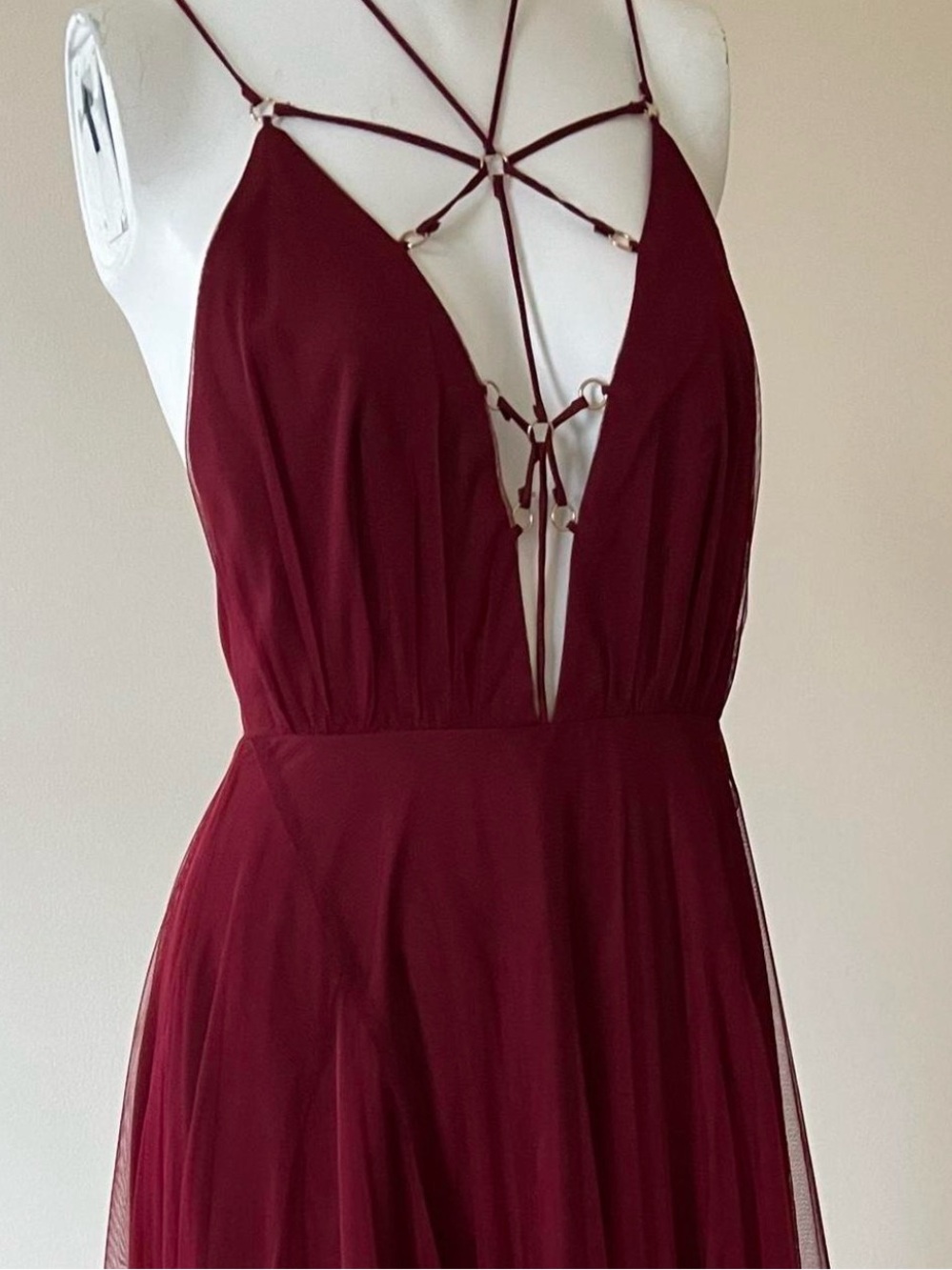 Topshop Red Wine Tulle Evening Dress Lace Up Backless - Picture 3 of 5